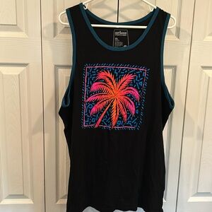 Mens Tank Top.  Black with blue pink and orange palm tree.  Perfect for Summer.